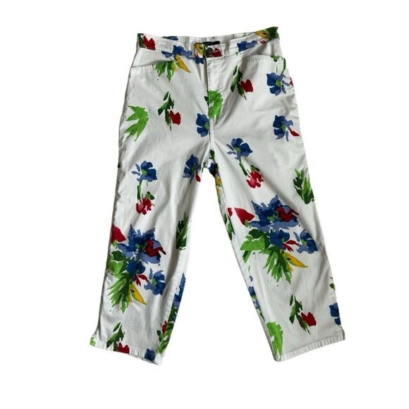 Y2K Bill Blass Stretch Capris White Bright Floral SZ 8 - Picture 1 of 14